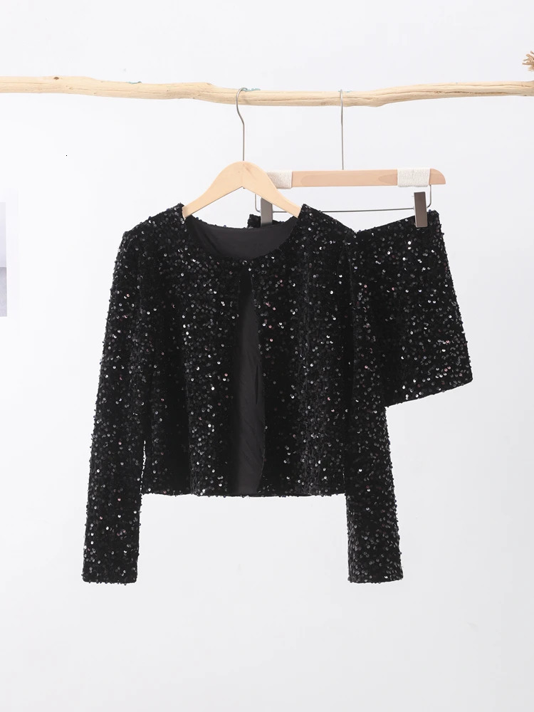 Sequin Evening Shorts Suit Women Fashion Long Sleeve Cropped Set Female Elegant Party High Waist Chic Sparkling Sets 250714