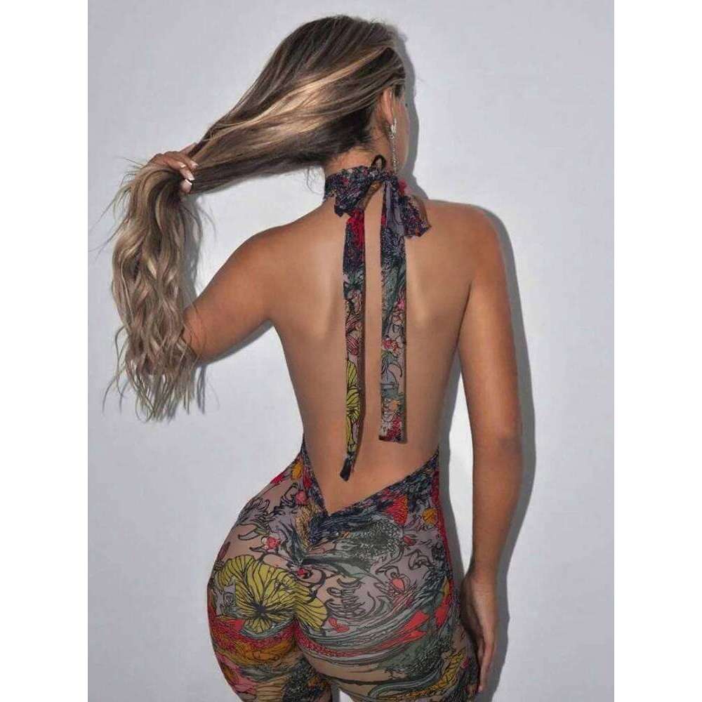 Weird Puss Colorful Print Romper Women Halter Bandage Summer Sexy Hipster Backless Activity Workout Fit Tight Stretch Playsuits