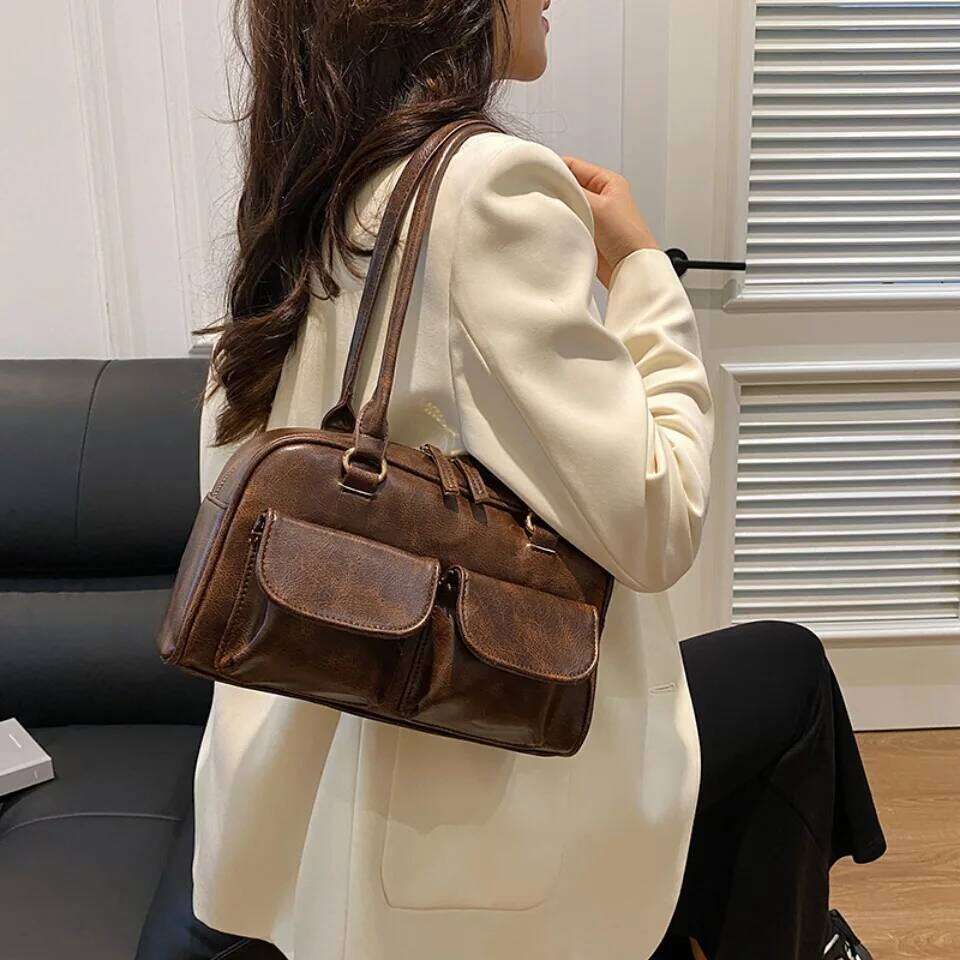 Vintage Women Business Shoulder Bags Simple Ladies Commute Tote Pu Leather 2 Pocket Chic Female Underarm Hand Bag Handbags