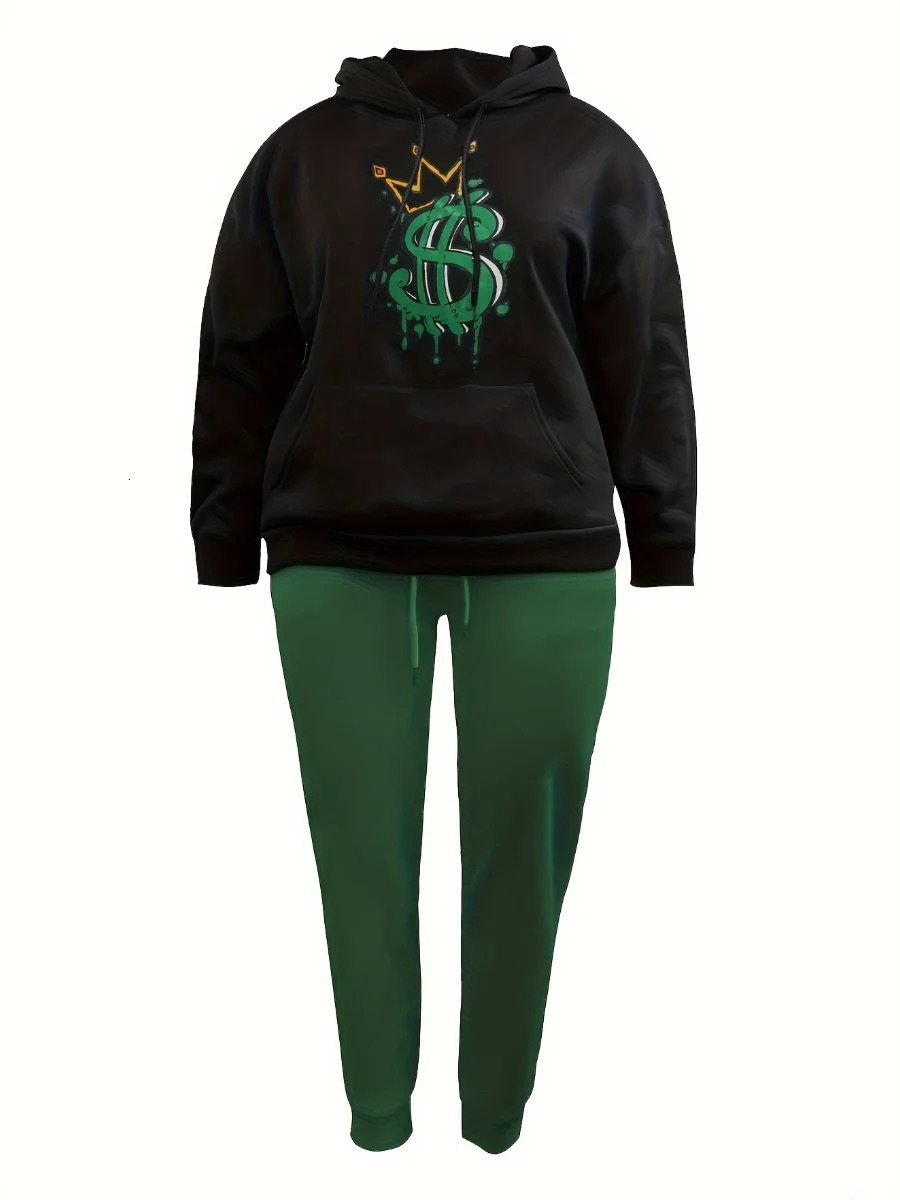 LW Plus Size Crown Letter Print Kangaroo Pocket Tracksuit Set Women Hooded Collar Sweatsuit Fall Long Sleeve Two Pieces Outfit 250714