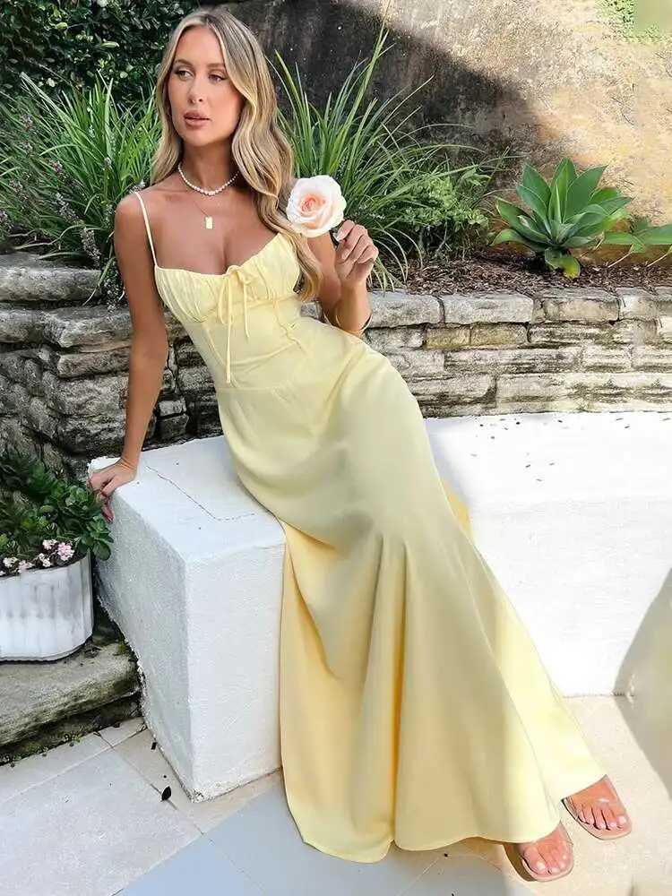 2024 Spring Summer Womens Maxi Long Waist Wrap A-line Dress with Spaghetti Straps Backless Sexy Party Dresses XJ250722