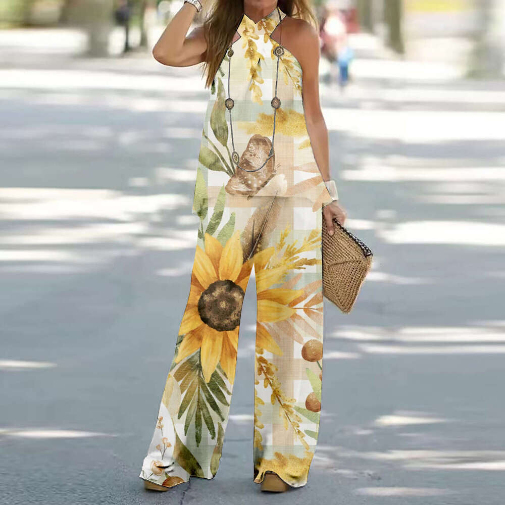 Summer New Women's Cross Halter Neck Sleeveless Printed Casual Wide-Leg Pants Elegant Set B5
