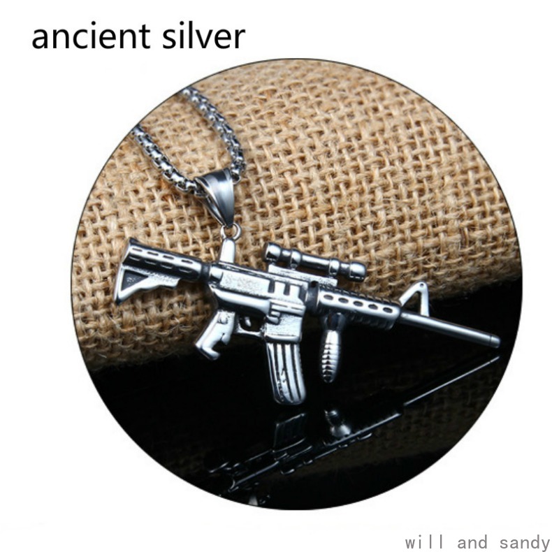 Non Tarnish Stainless Steel Machine Gun Necklace Hip Hop Chain Bird Owl Lion Dinosaur Skull Wings Pendant Fashion Jewelry for Men Anniversary Father B