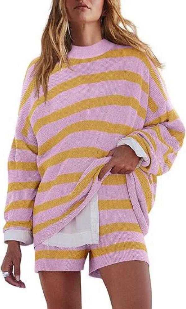 Women's Tracksuits Striped Shorts Set Women Two Piece Sets Matching Summer Knitted Tops Pants High Waist Slim Fit Y2k Streetwear 2025