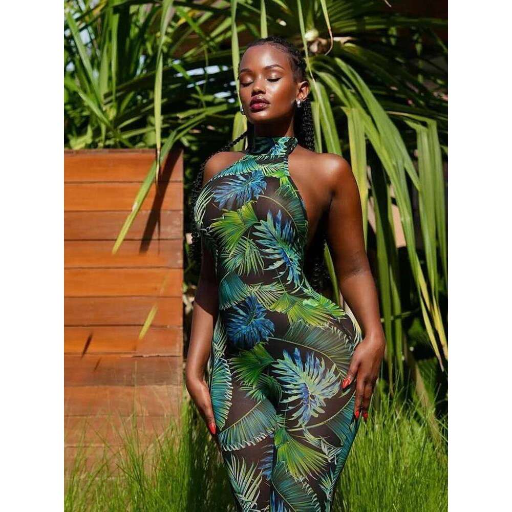 Weird Puss Colorful Print Romper Women Halter Bandage Summer Sexy Hipster Backless Activity Workout Fit Tight Stretch Playsuits