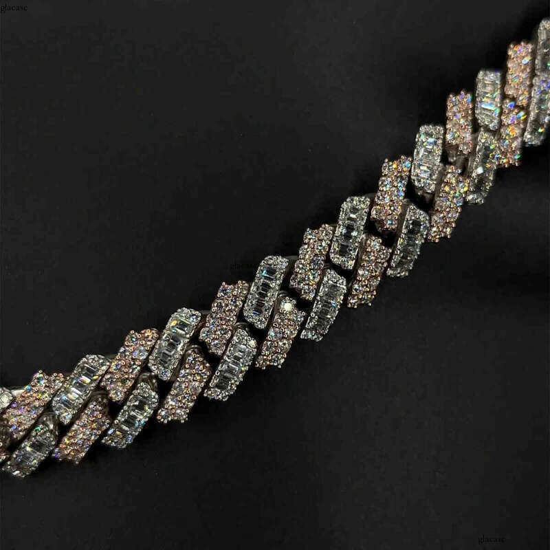 Kibo Iced Out Pure Sier Necklace Gra Vvs 15mm Two Tone Style Baguette and Round Cut Moissanite Cuban k Chain