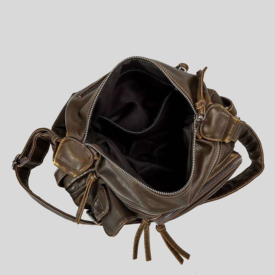 Vintage Multiple Pockets Women Shoulder Bags Washed Pu Leather Crossbody Retro Motorcycle Bag Y2K Sac for Girls