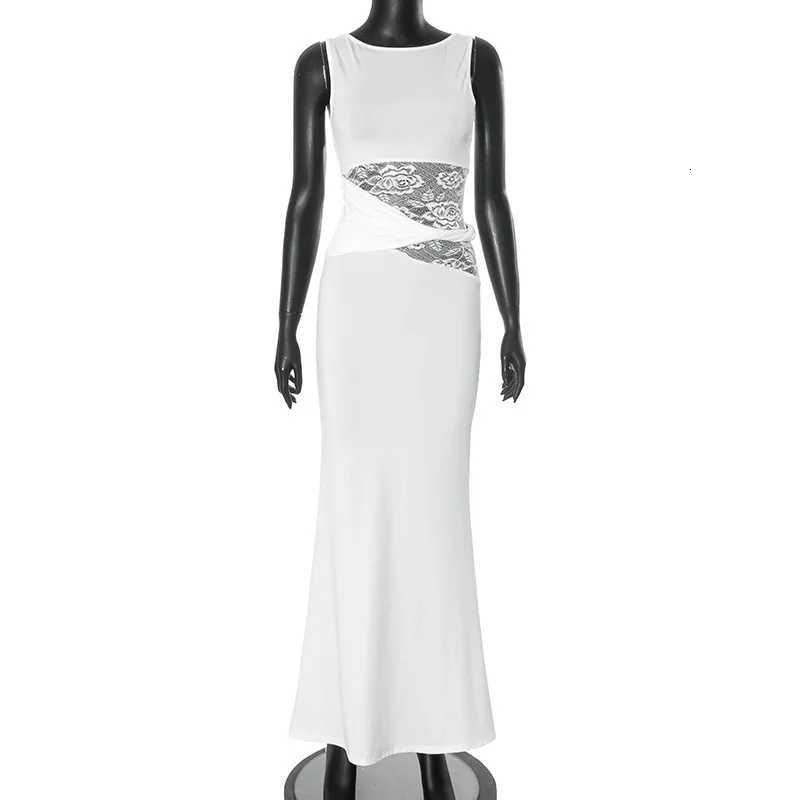 Apprabant Women Lace Splicing Solid Color Dress Round Neck Sleeveless Semi Transparent Hollow Out Twisted Waistband Dress XJ250722