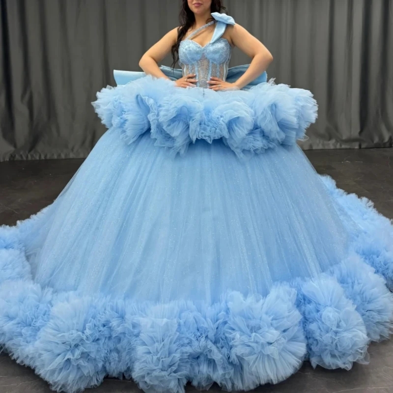 Sky Blue Quinceanera Dresses Ball Gown Off The Shoulder Beading Crystal Tiered Tull Corset Party Birthday Sweet 16 Dress Vestidos 15 Anos