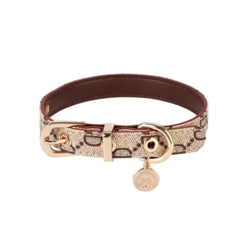 Old flower leather pet collar Teddy Schnauzer dog walking strong neck trendy brand printed collar suitable for small and medium dogs