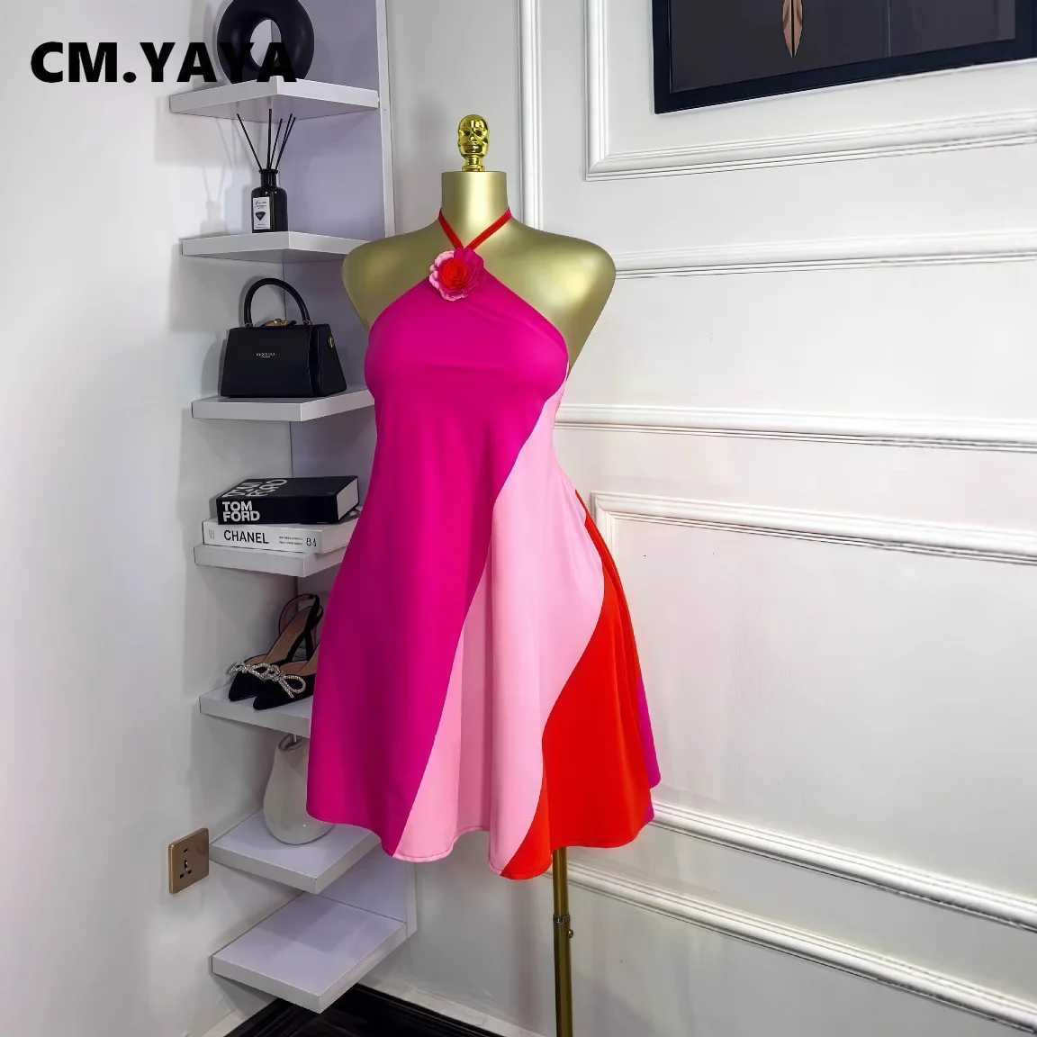 2025 Summer Vacation Birthday Sexy Party Dresses CM.YAYA Women Colorblock Halter Neck Backless Floral Applique A-line Mini Dress XJ250722