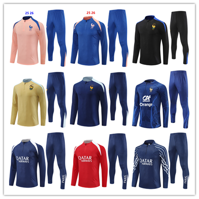 2024 2025 2026 French tracksuit soccer jersey BENZEMA MBAPPE equipe de Full Sets kids Men 24/25/26 Football training suit Half pull Long sleeve chandal futbol