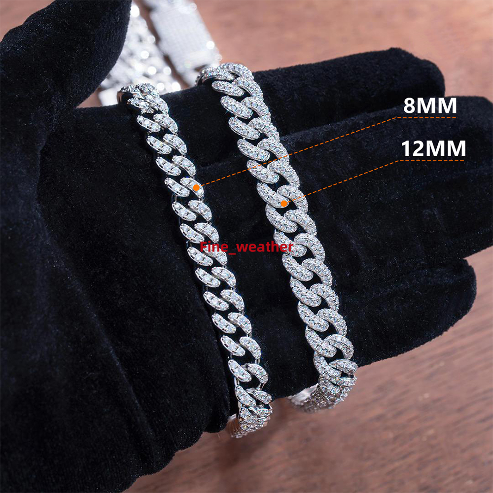 8mm White Gold 925 Sterling Silver GRA Iced Out Mossanite Jewelry VVS Moissanite Diamond Cuban Link Chain Bracelet for Men Women