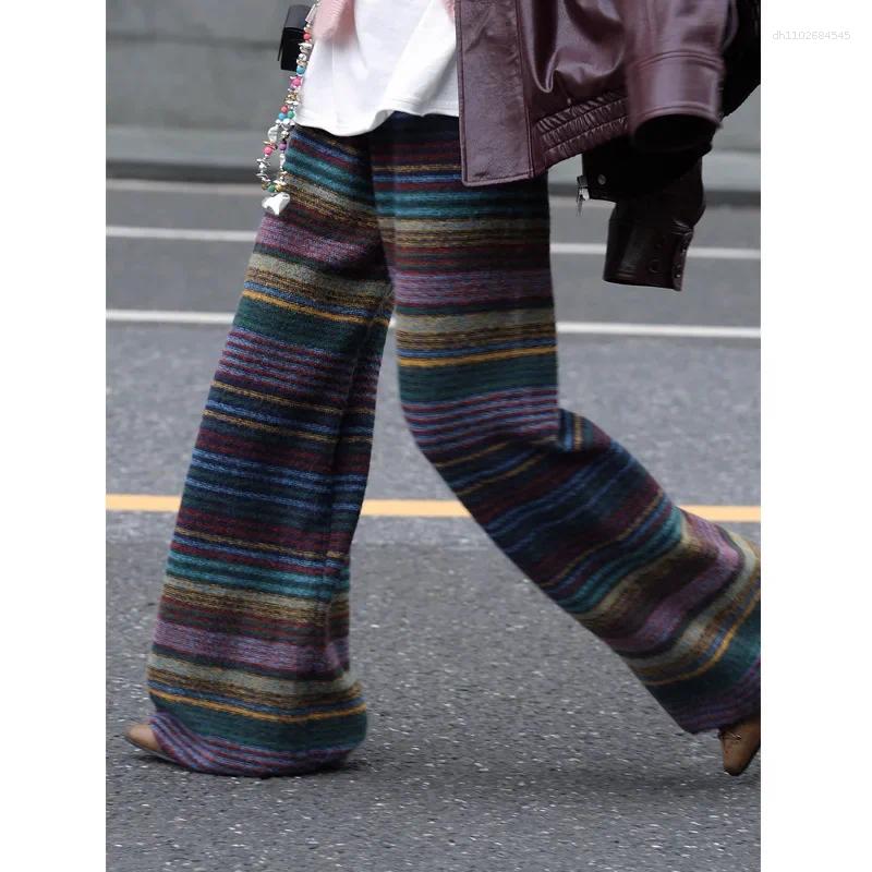 Women's Pants YueJuXing Of The Season Retro Color Block Striped Knitted Casual Long Slimming Design Straight Leg Woolen Wea Z260314