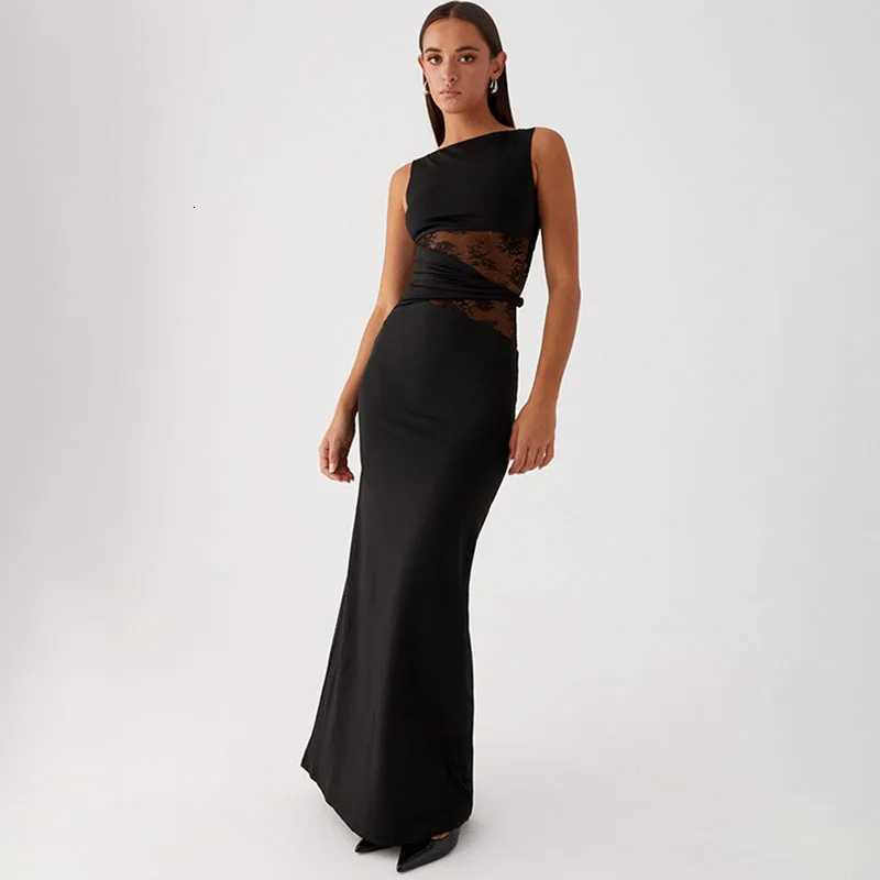 Apprabant Women Lace Splicing Solid Color Dress Round Neck Sleeveless Semi Transparent Hollow Out Twisted Waistband Dress XJ250722