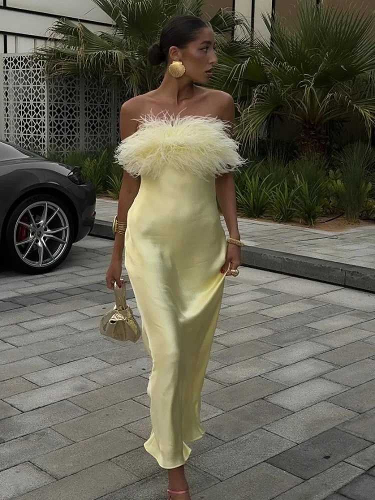 100% Satin Feather Strapless Dress Sexy Backless Off Shoulder Slim Fit Long Dresses for Women 2025 Summer Party Street Gown XJ250722