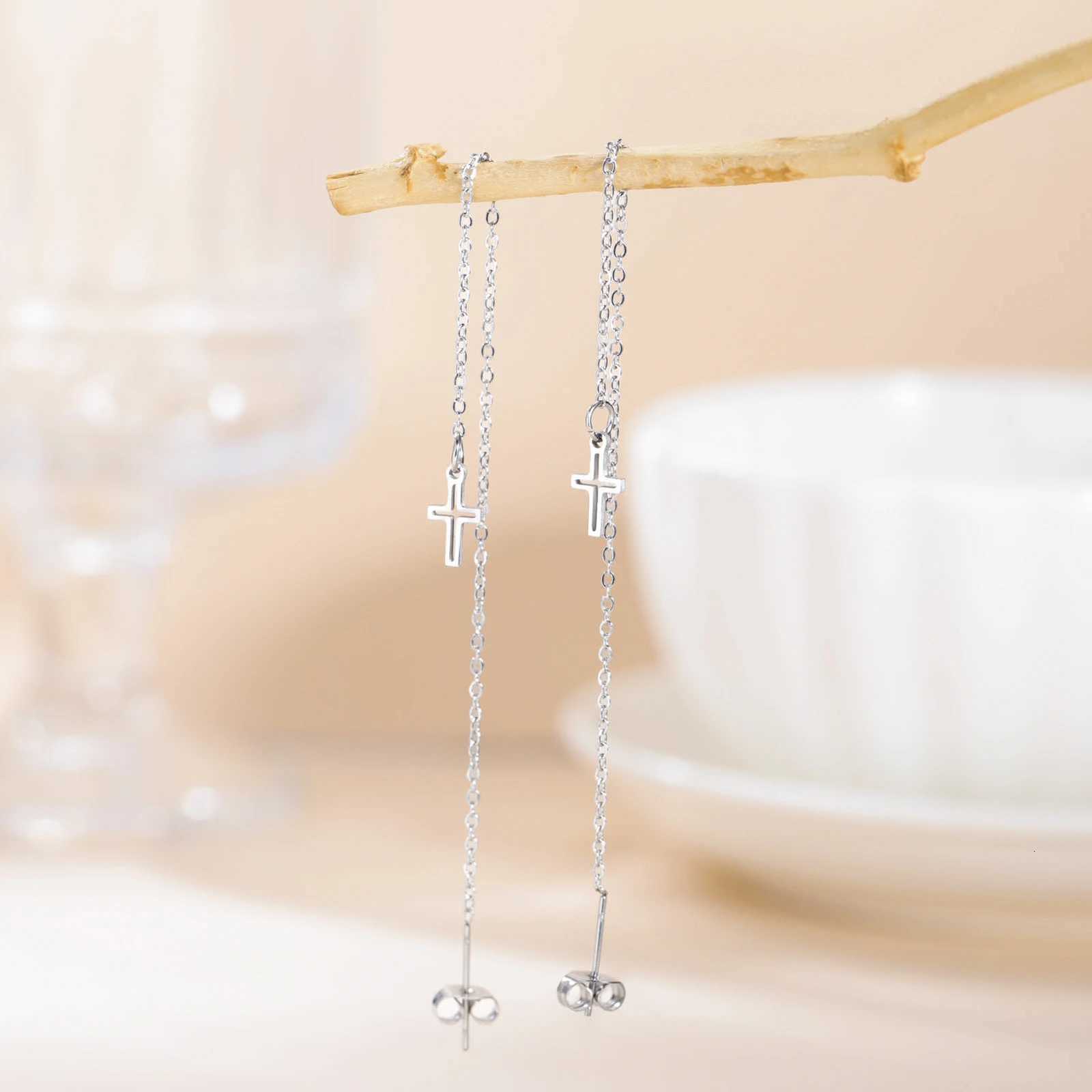 Hunter Cross Long Tassel Earrings for Women Stainless Steel Jewelry Christian Earrings Jesus Valentines Day Gift Wholesale XJ250722