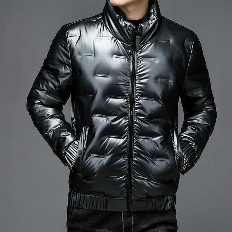 Winter New Style Mens Bright Leather Fashionable Down Jacket Casual Stand Collar Short Mens White Duck Down Feather W250722