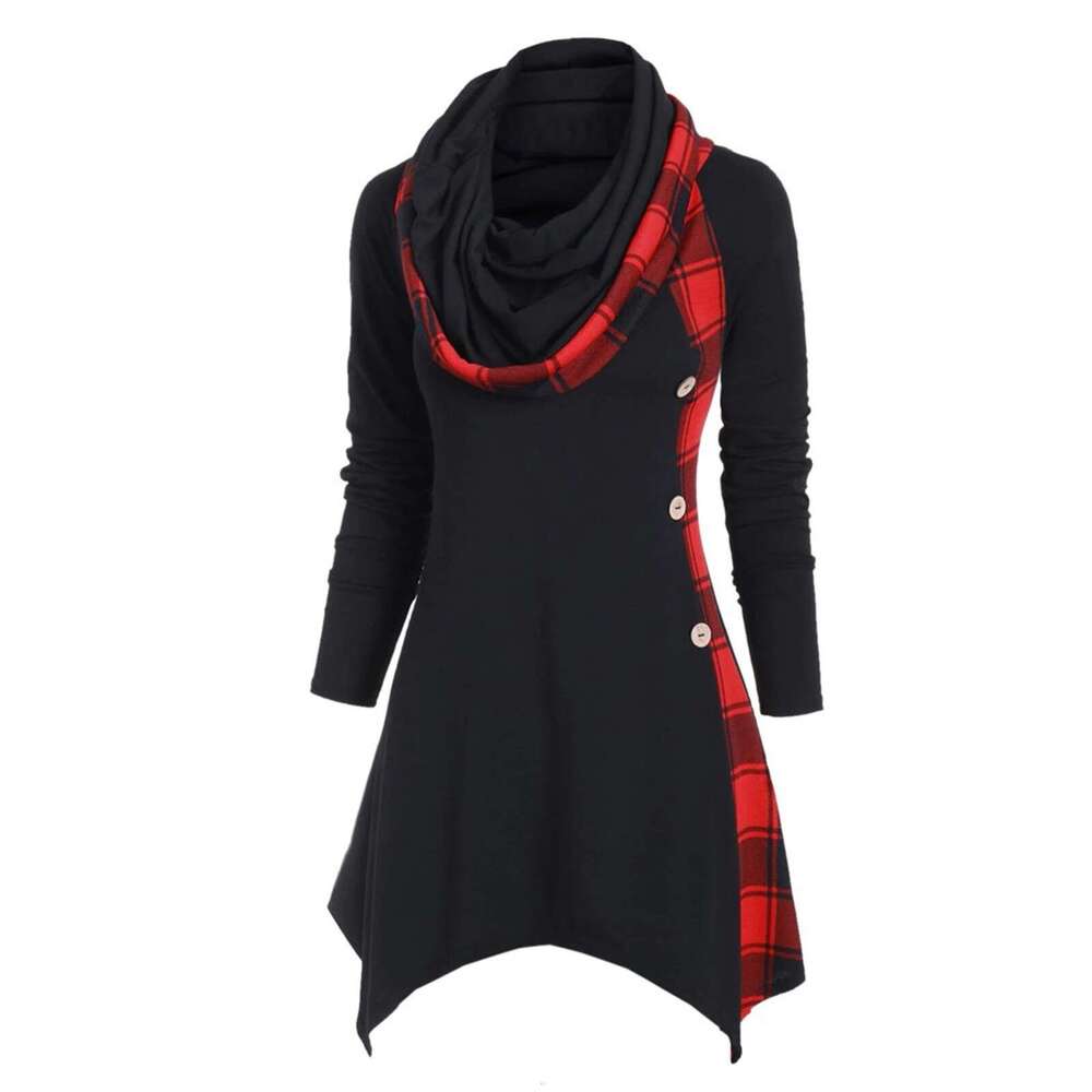Autumn Winter Women's Color Block Plaid Double Layer Hooded Diamond Hem Mid-Length Dress Light Luxury B5