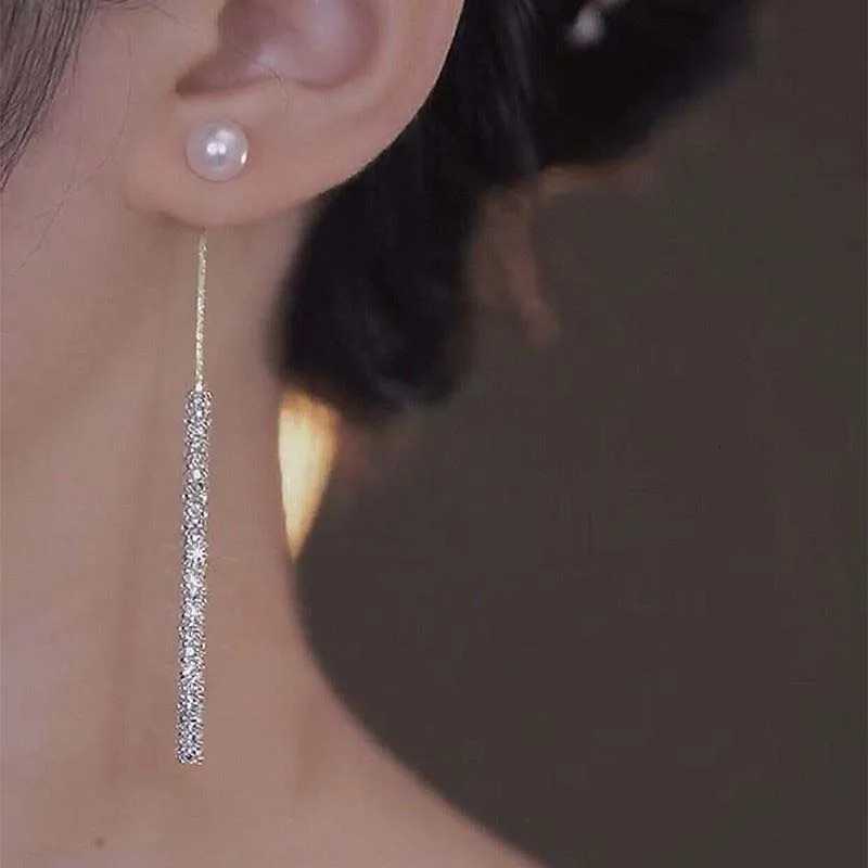 Korean Long Tassel Pearl Dangle Earrings for Women Luxury Full Rhinestone Gold Color Drop Earrings Wedding Party Jewelry Gift XJ250722
