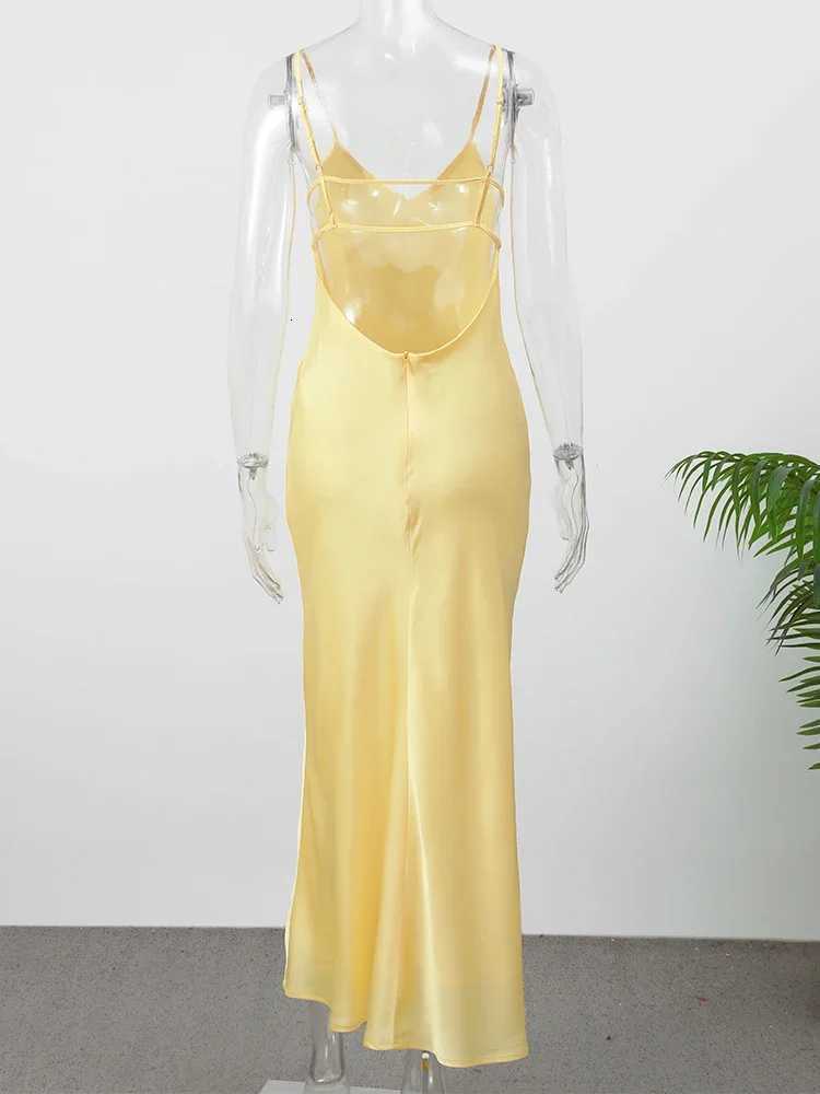 Sexy Yellow Satin Backless Maxi Dress Women Ele Sveless V Neck Sling Long Gowns New 2025 Lady Evening Party Slim Fit Dress XJ250722