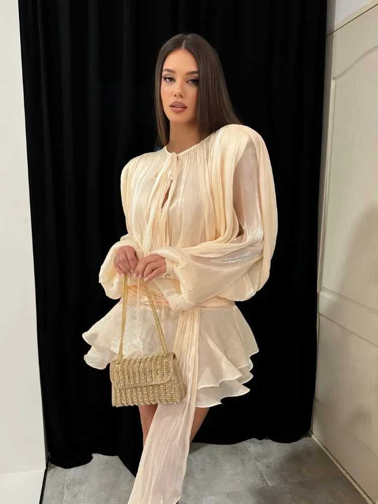 100% Cotton Women Pleated Short Dress Fashion Full Sleeve Round Neck Lace Up Layered Ruffles Gown Lady Ele New Dresses XJ250722