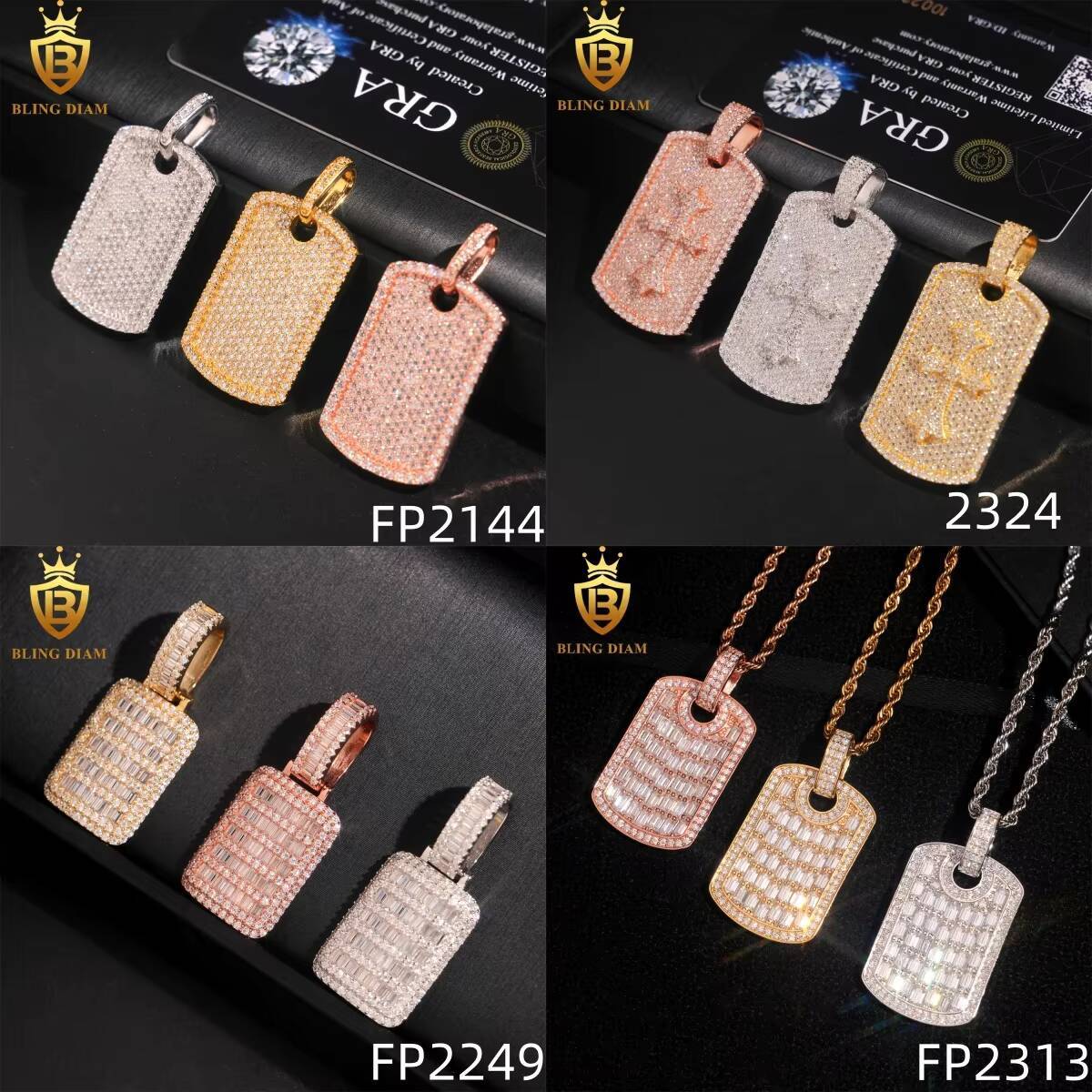 Iced Out Custom Jewelry Dog Tag Pendant Hip Hop Necklace Vvs Moissanite Baguette Shape 925 Sterling Silver Gold Plated