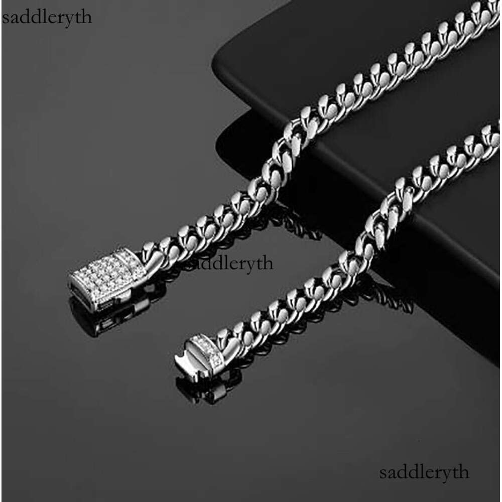 Mens White Gold Tone 316L Stainless Steel Chain Necklace Curb Cuban Link with Dias Clasp Lock 6mm/8mm/10mm/12mm/14mm