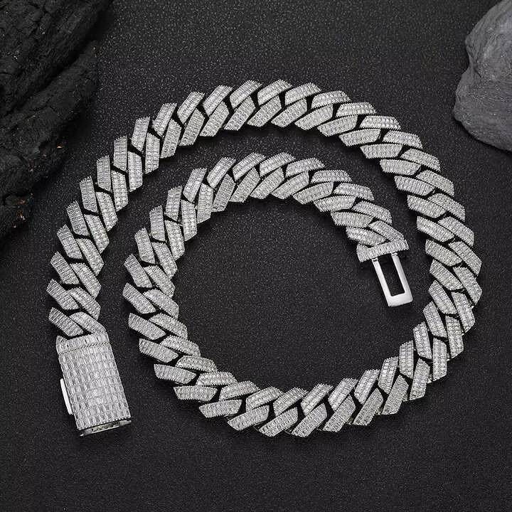 New Style 20mm Baguette Moissanite Necklace with Cuban Chain in White Gold Iced Out Hip Hop Diamond Jewelry Link Prong Necklace