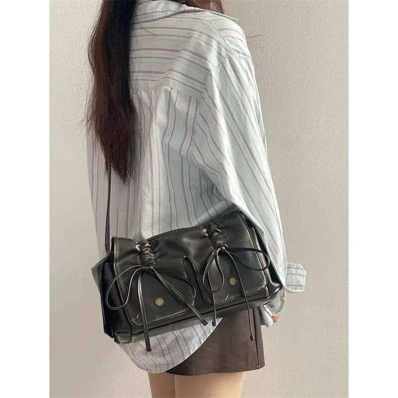 New in Distressed PU Leather Rivet Bow Underarm Pleated Shoulder Bag Bags for Women Designer Handbag and Purses