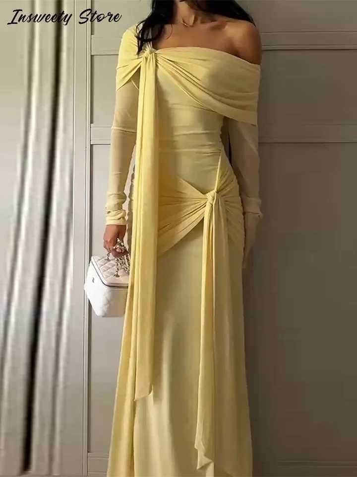 Ele Solid Lace Up Dress Womens Off The Shoulder Long Sleeve Draped Dresses 2025 Summer New Fe Chic Party Dresses XJ250722