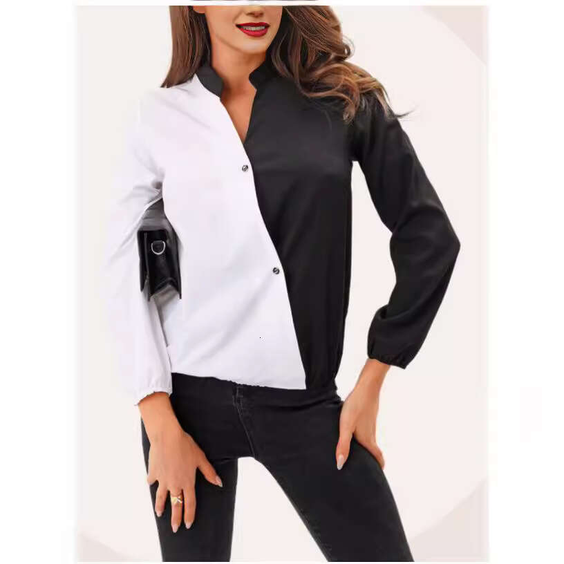 Women's Casual Fashion Professional Shirt Spring New Style Elegant Commuter Color-Block Long Sleeve Top B5