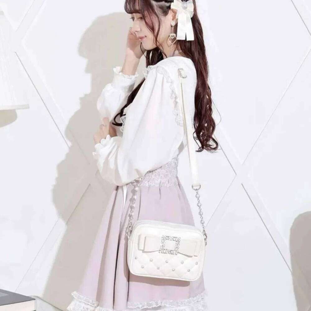Dia Bow Pink Square For Women Mine Series Beading Pearl Y2k Messenger Hot Girls Sweet Kawaii Shoulder Crossbody Bag