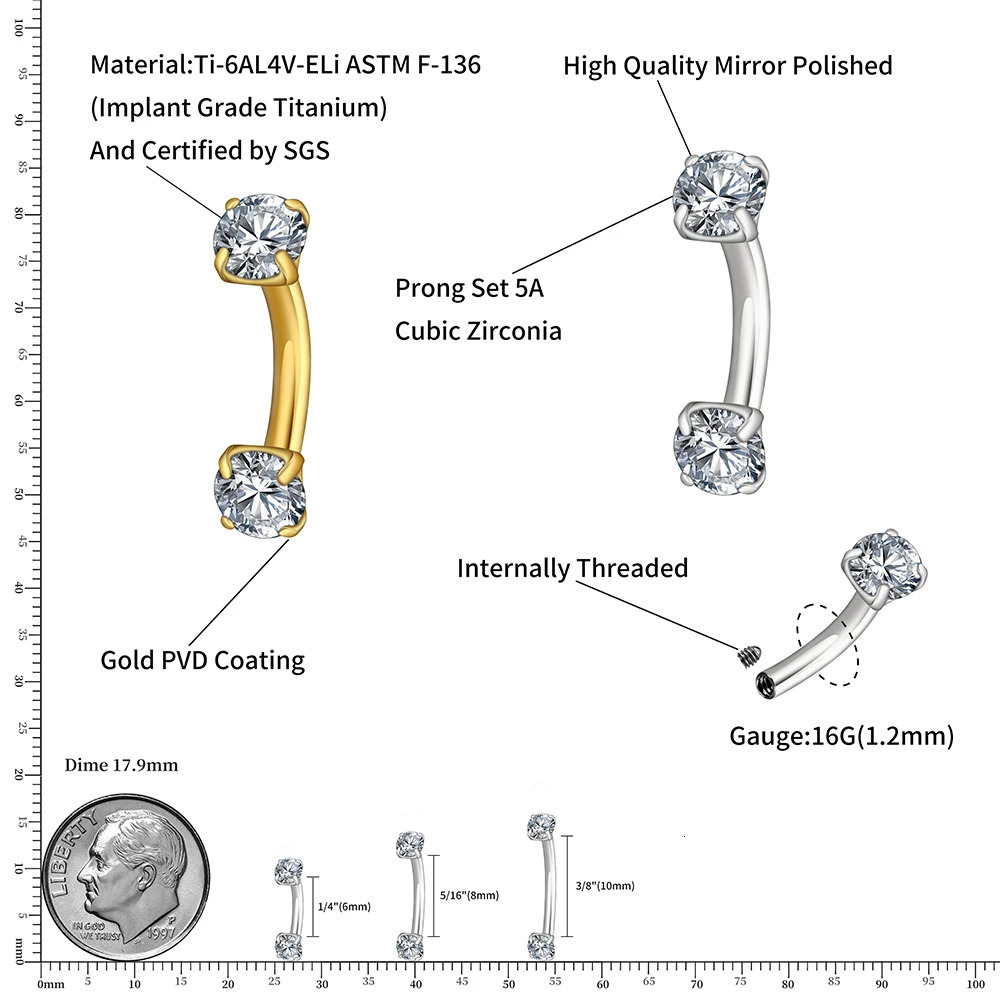 Right Grand ASTM 36 16G CZ Cartilage Helix Daith Rook Earring Eyebrow Curved Barbell Labret Lip Piercing Body Jewelry 250722