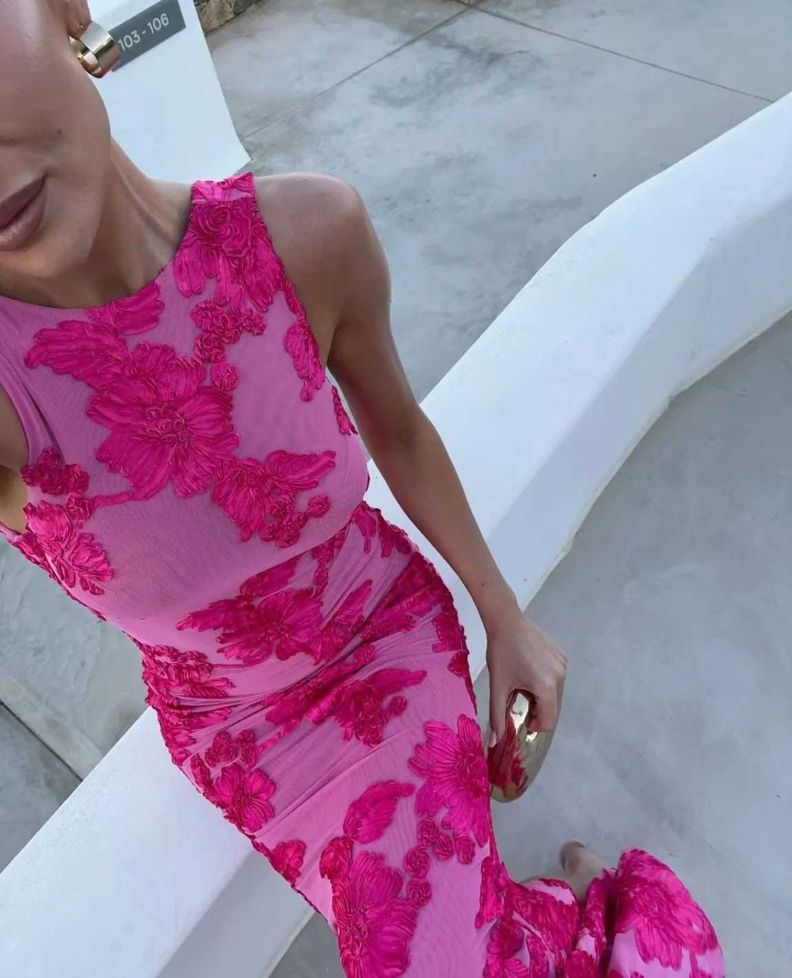 3D Flowers Party Dress Embroidery Mesh Slim Hip Package Fashion Maxi Dresses Summer Robe XJ250722
