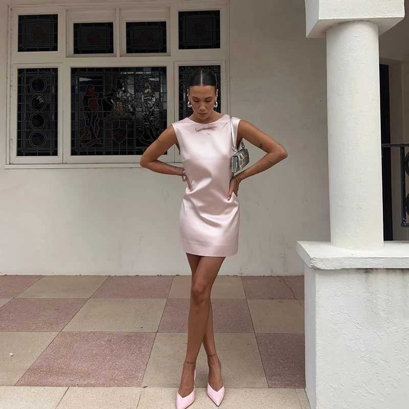 100% Cotton Bow Backless Satin Mini Dress For Women Ele Fashion Sleeveless Patchwork Party Dress Gown Fe Solid Mini Dress XJ250722