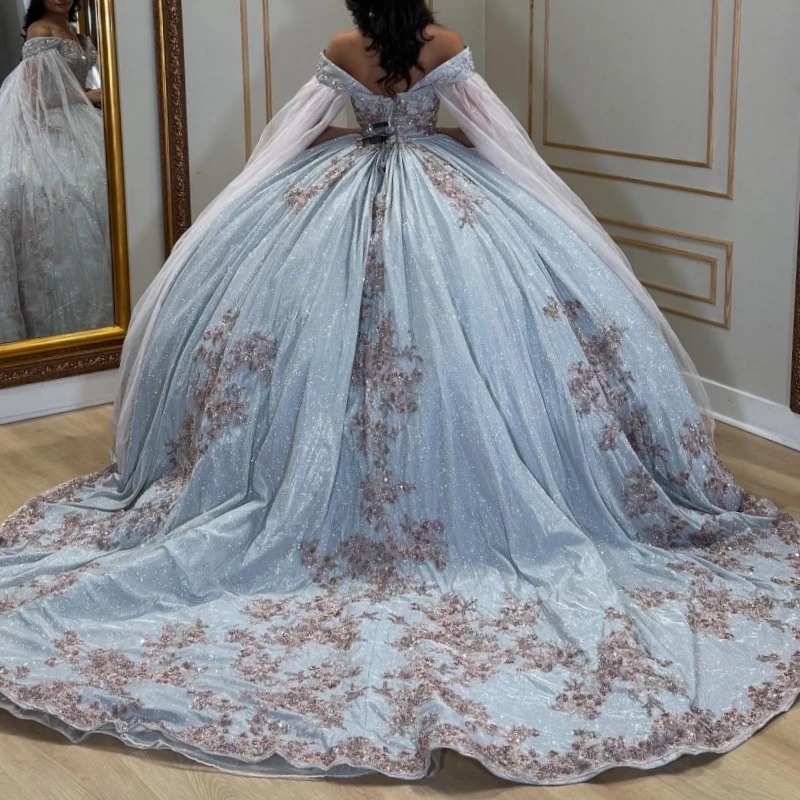 Light Blue Shiny Quinceanera Dresses Ball Gown Off The Shoulder Applique Lace Beading With Cape Tull Party Birthday Sweet 16 Dress Vestidos 15 anos