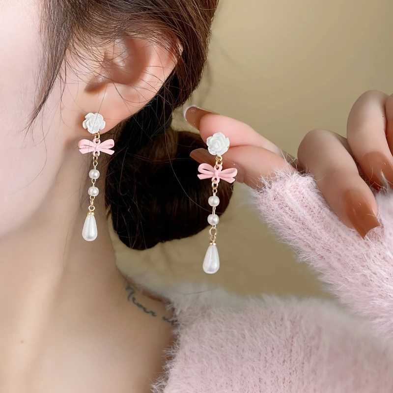 Delicate Sweet Flower Bow Pearl Drop Earrings for Women Elegant Bowknot Long Tassel Earrings Girls Party Wedding Jewelry Gift XJ250722