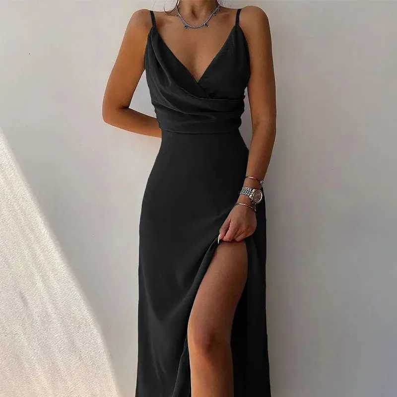 Summer Ele Suspender Tight Womens Dress Fashionable And Sexy V-neck Striped Print Slit Drawstring High Waist Long Skirt XJ250722