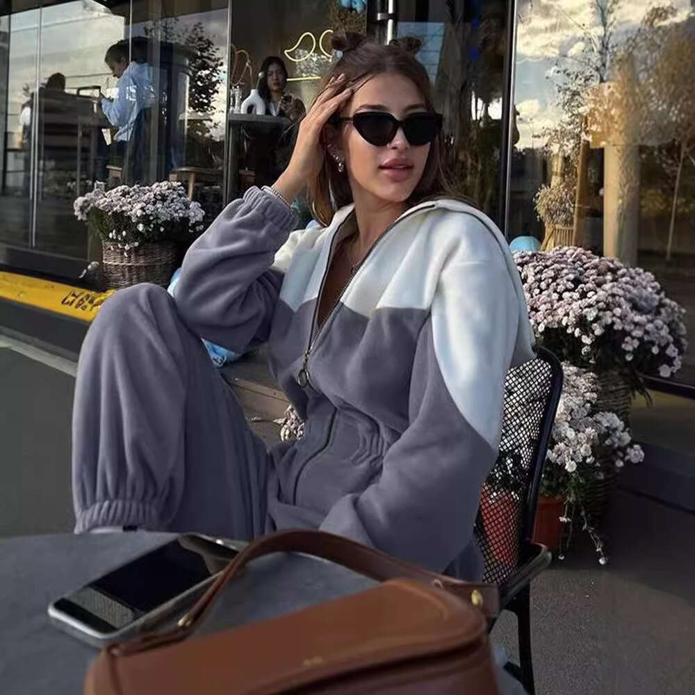 New Women's Fashion Sports Casual Color-Block Long Pants Jumpsuit Set For Women B5
