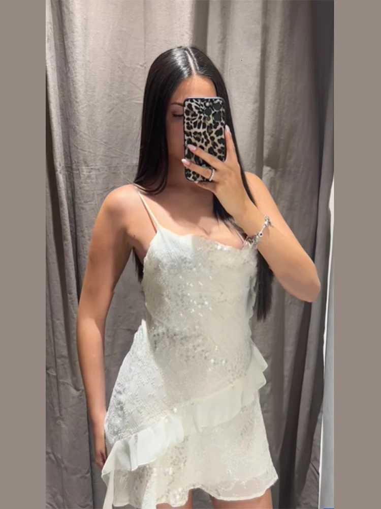 Ele White Sequin Dresses Womens 2025 Halter Neck Backless Vestidos Layered Ruffle V-neck Sleeveless Summer Party Prom Dress XJ250722