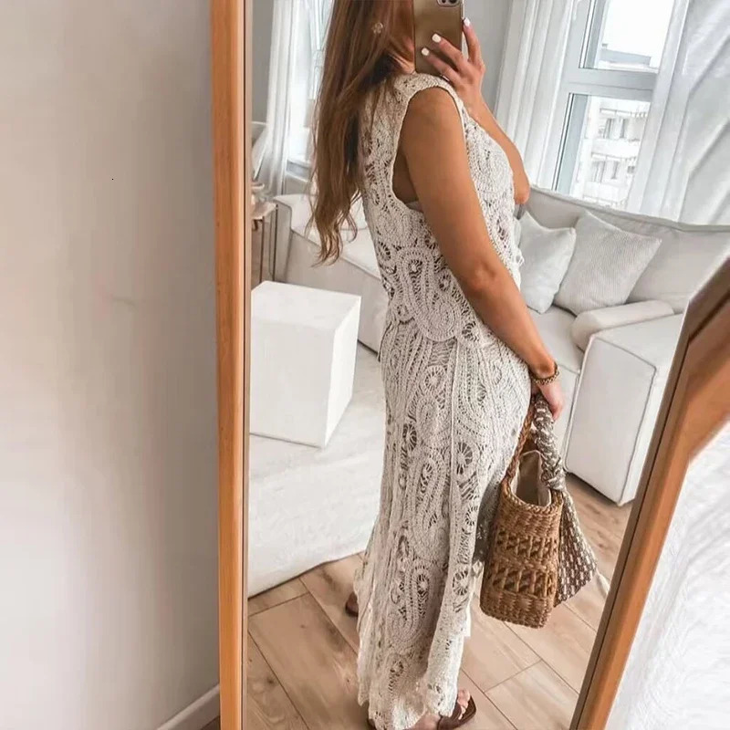 Women O-neck Sleeveless TopLong Skirt Beach Suit Casual Solid Street Summer Outfit Holiday Hollow Knitted Irregular 2 Piece Set 250714
