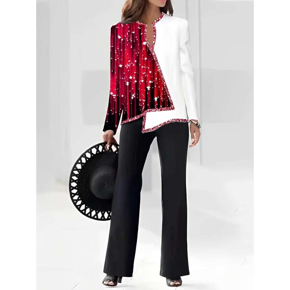 3D Digital Printing V-Neck Asymmetric Fashion Casual Shirt And Trousers Women's Set B5