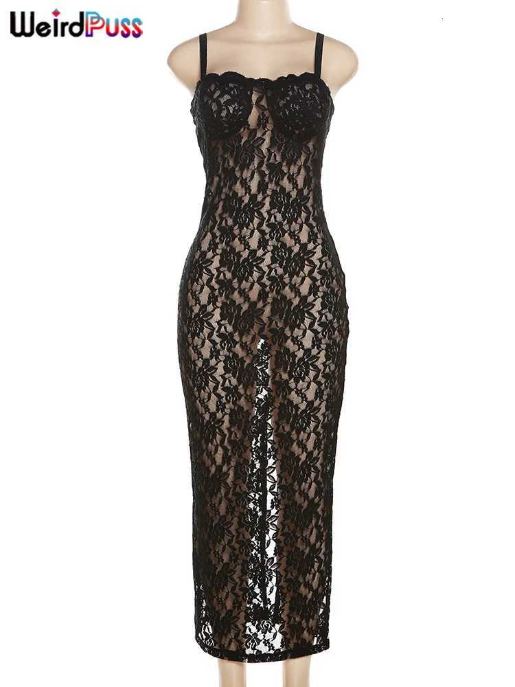 100% Cotton Lace Black Women Maxi Dress See Through Seamless Ladies Sexy Coquette Nightclub Party Bodycon Slim Fit Dresses XJ250722