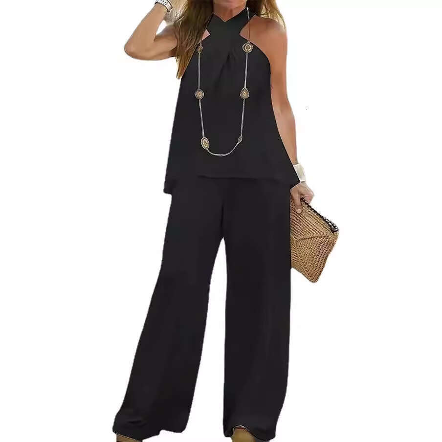 Women's Fashion New Casual Halter Neck Solid Color Sleeveless Wide Leg Long Pants Two-Piece Set B5