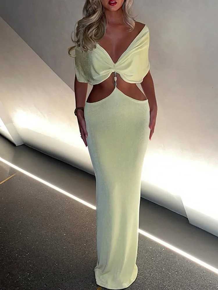 2025 Spring Summer Sexy Party Clubwear Women Ele Strapless Hollow Waist Maxi Dress Fashion Backless Pleated Bodycon Dress XJ250722
