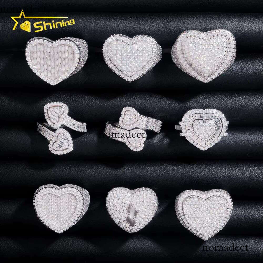 Fine jewelry pure silver gold-plated ice out men's heart-shaped VVS silica hip-hop ring