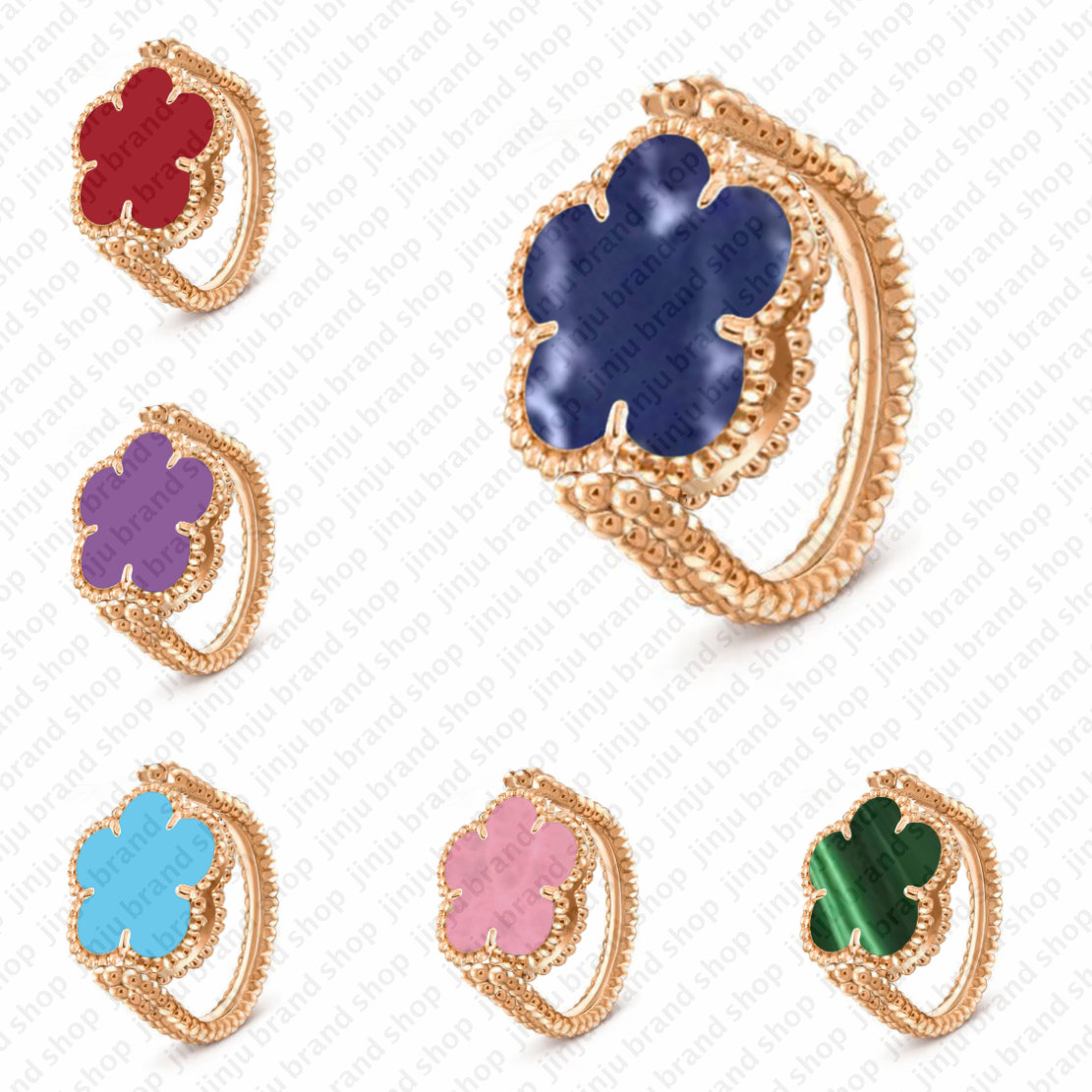 wedding ring designer jewelry women engagement rings for women Vintage Rose Gold 15mm flower ring charm turquoise pink two side clover ring diamonds ring for couple
