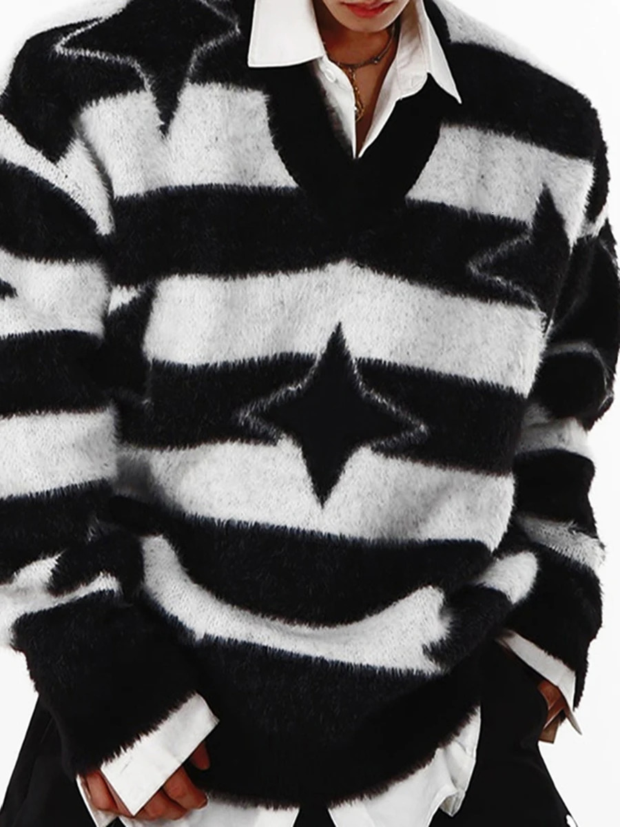 Men Warm Sweater Lightweight Striped Print V Neck Knitted Jumper Fall Casual Pullovers Tops for Streetwear 250717