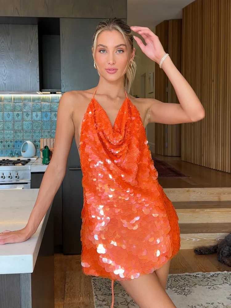 Sequins Glitter Halter Mini Dress Women Backless Sleeveless Evening Party Holiday High Waist Sexy Dresses 2025 New Fashion Night XJ250722